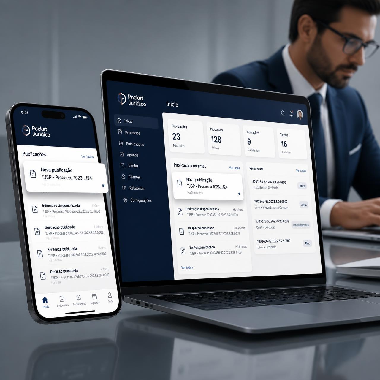 Interface do Pocket Jurídico em smartphone e notebook