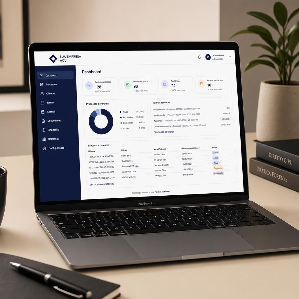 Notebook exibindo dashboard jurídico white label com tecnologia Pocket Jurídico